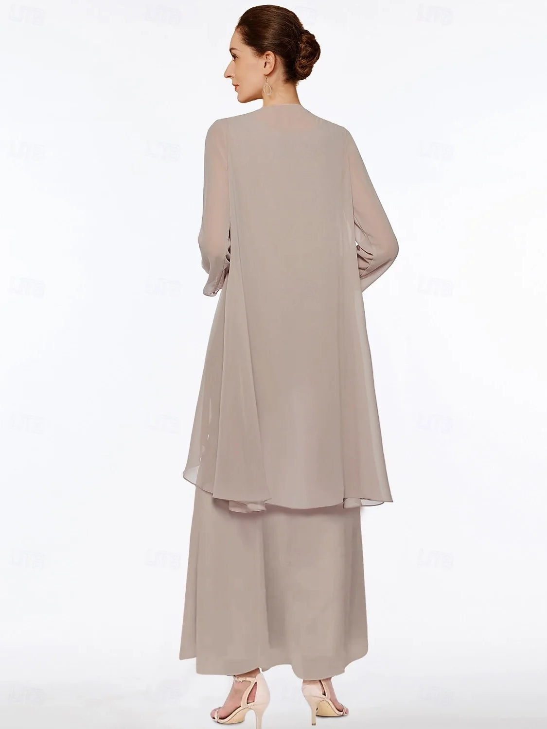 Khaki maxi mother of the bride dress, alternate view showing the bodice and skirt