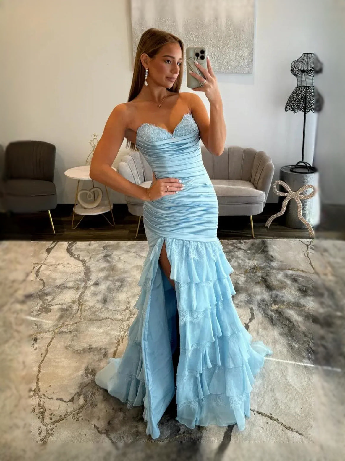 Light Blue floor-length prom dress, alternate view showing the bodice and skirt