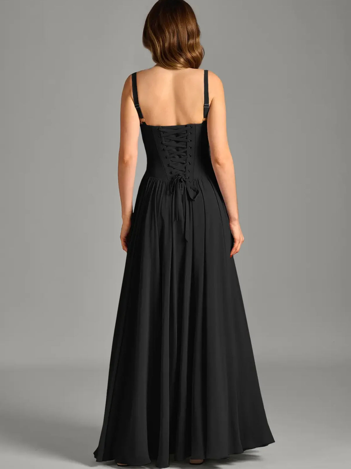 Black maxi bridesmaid dress, alternate view showing the bodice and skirt