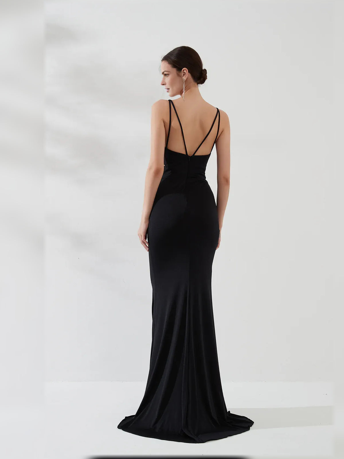Black mermaid floor-length formal dress with cutout detail, alternate view