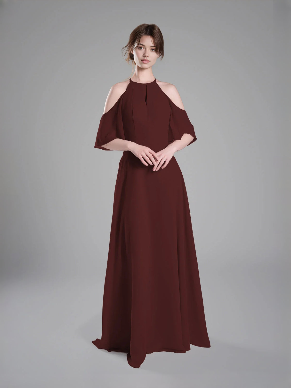 Burgundy floor-length bridesmaid dress, alternate view showing the bodice and skirt