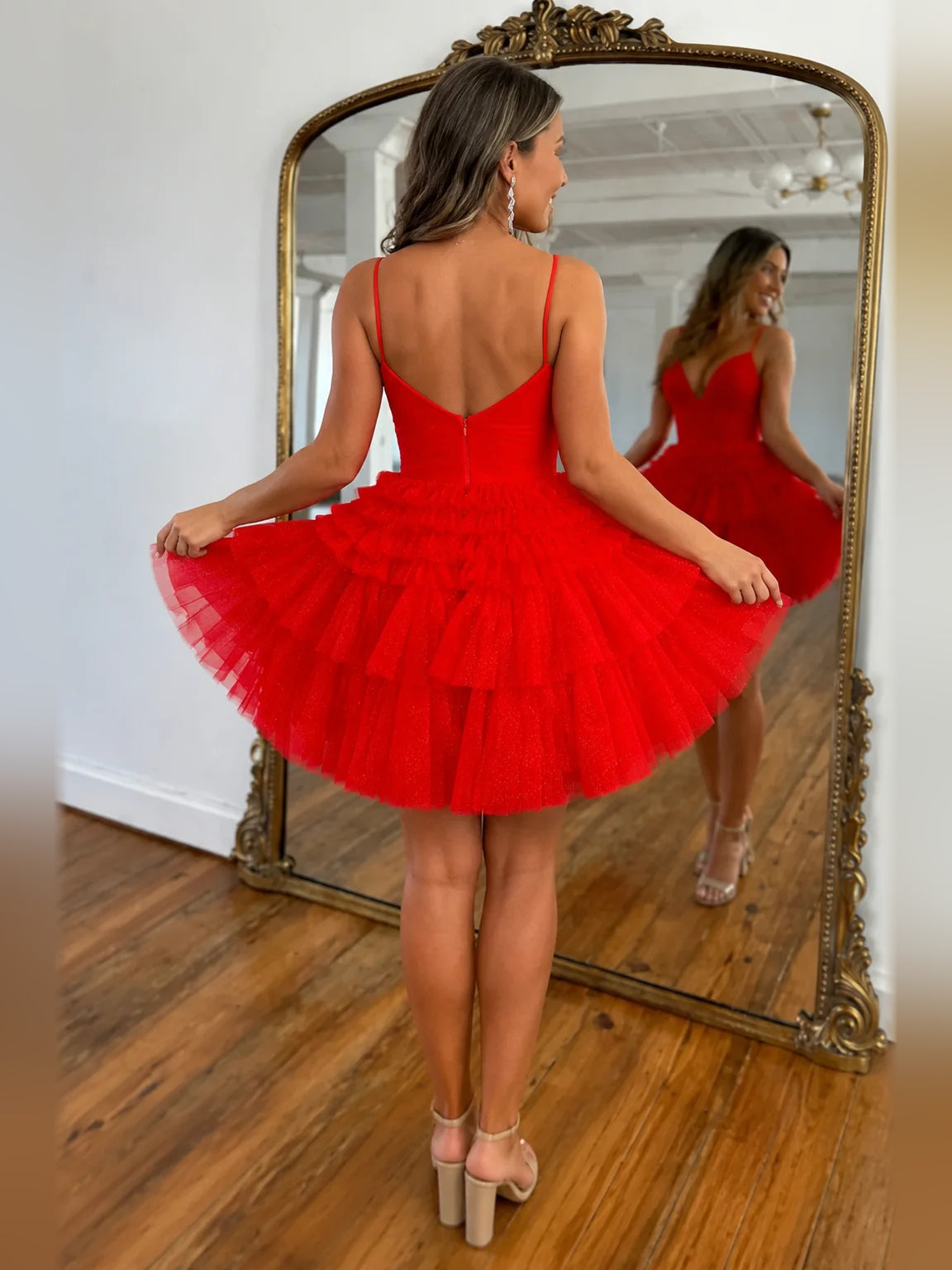 Red mini homecoming dress, back view showing the rear of the dress