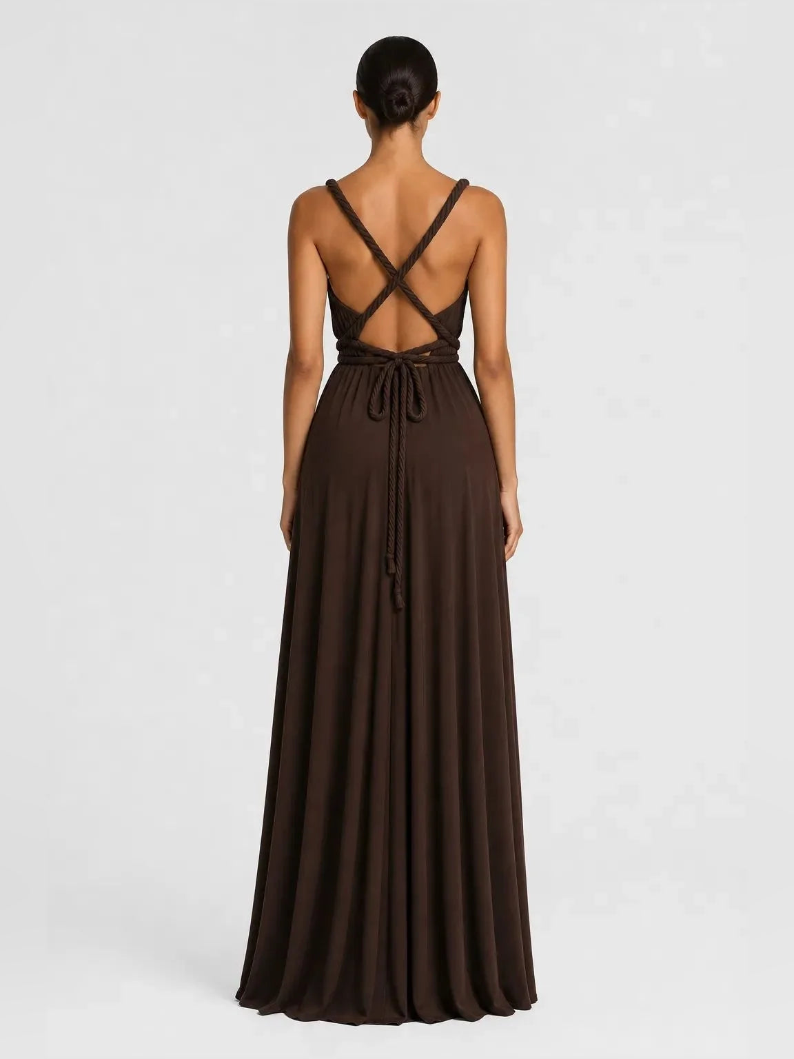 Chocolate maxi bridesmaid dress, alternate view showing the bodice and skirt