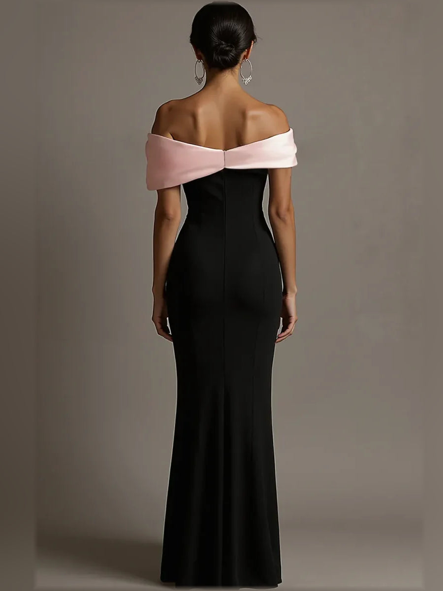 Black mermaid floor-length formal dress with corset-style bodice, alternate view