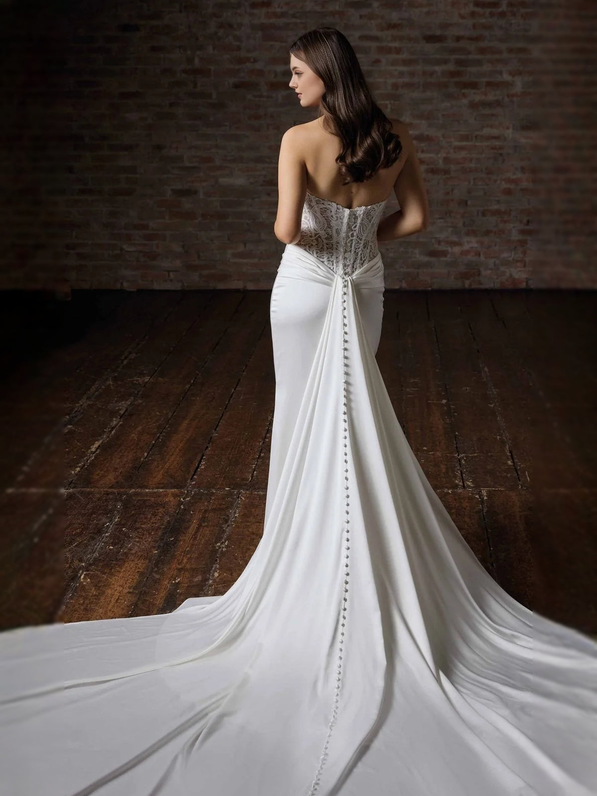 White floor-length wedding dress, alternate view showing the bodice and skirt
