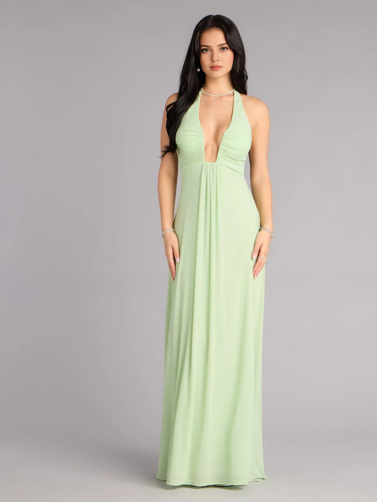 Sage Green floor-length prom dress, alternate view showing the bodice and skirt