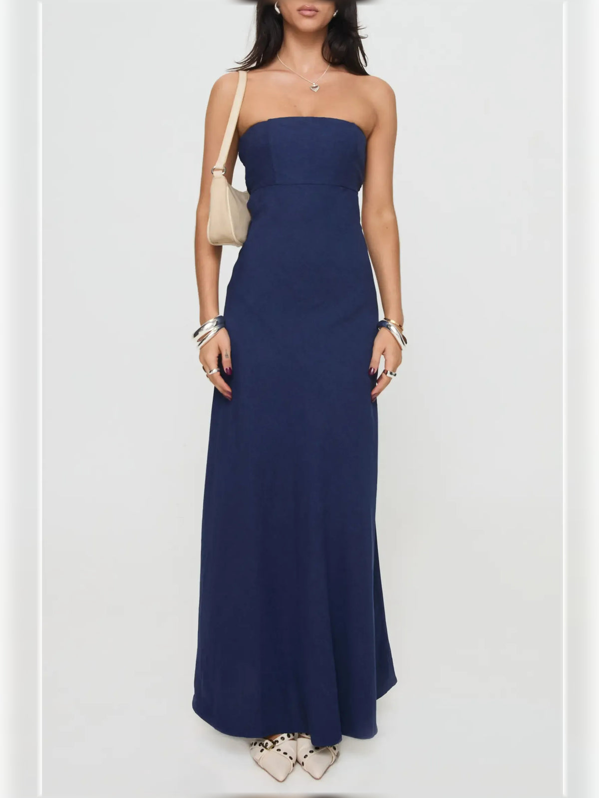 Navy Blue sheath floor-length formal dress with draping, alternate view