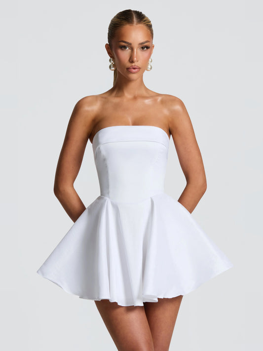 Ivory mini homecoming dress, alternate view showing the bodice and skirt