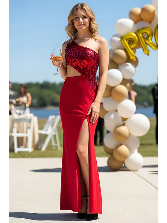 Red floor-length prom dress, alternate view showing the bodice and skirt