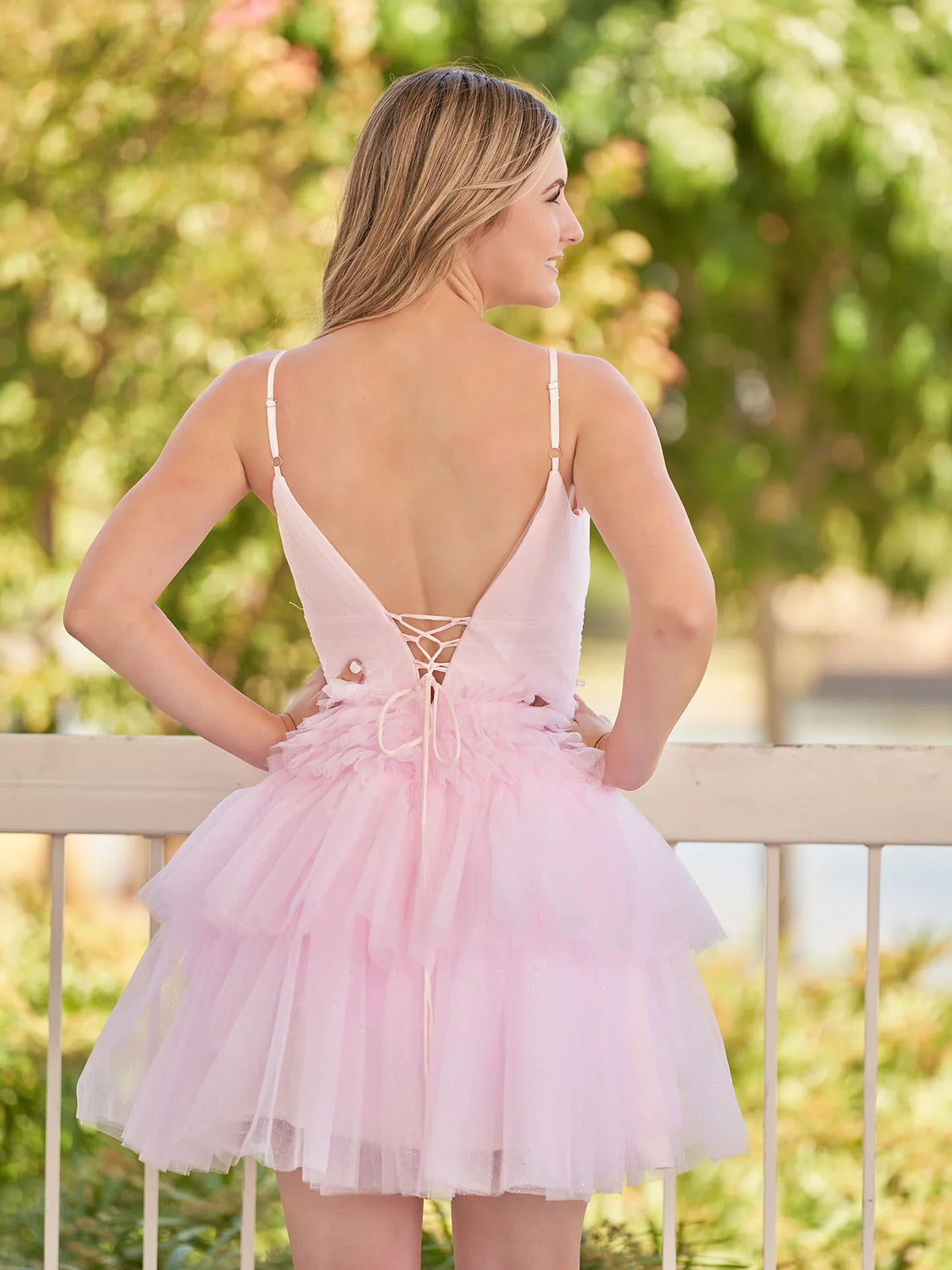 Blush Pink mini homecoming dress, back view showing the rear of the dress