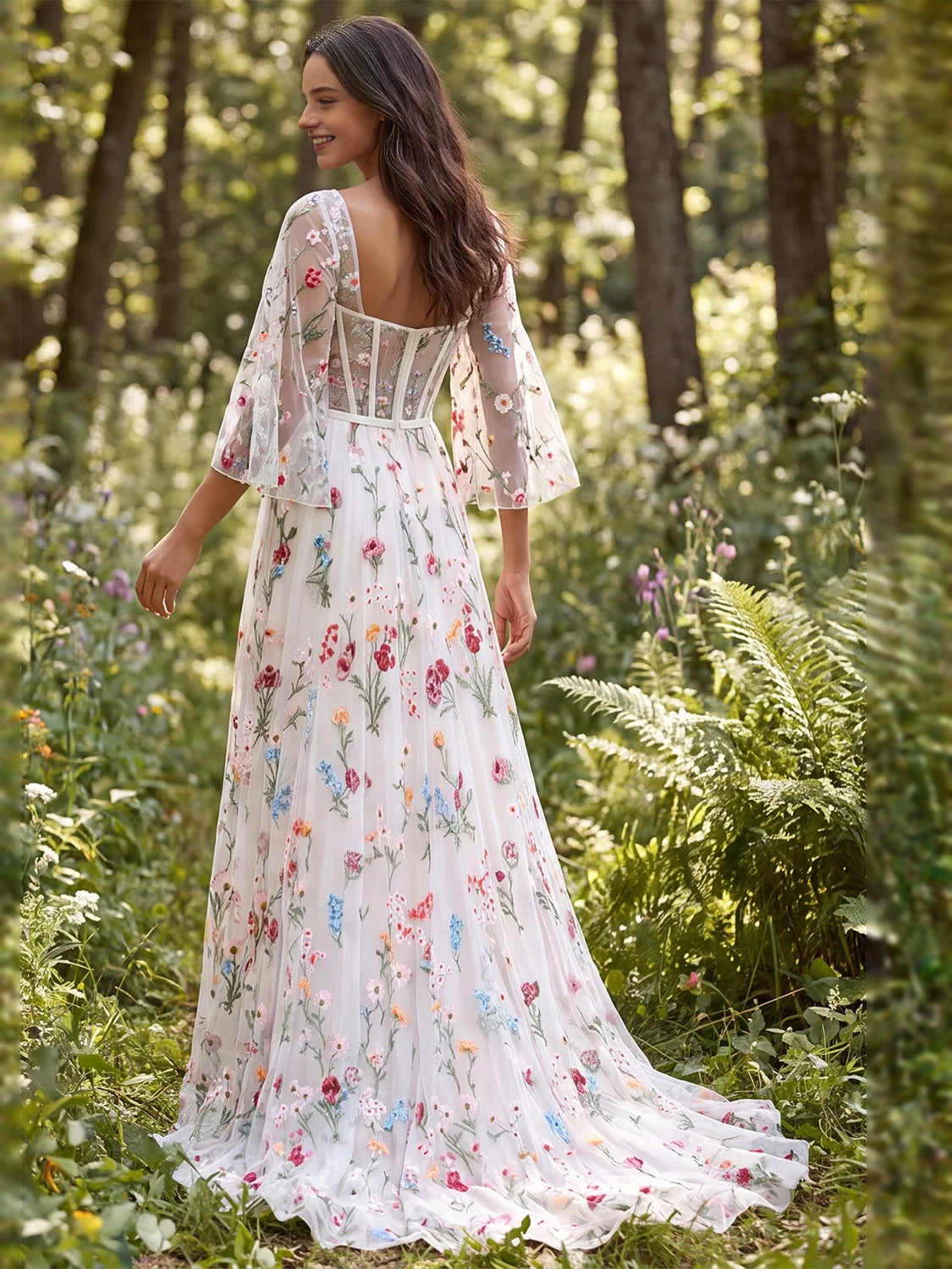 Ivory maxi bridesmaid dress, alternate view showing the bodice and skirt