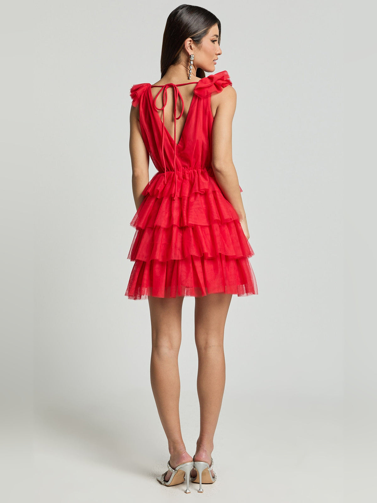 Red mini homecoming dress, alternate view showing the bodice and skirt