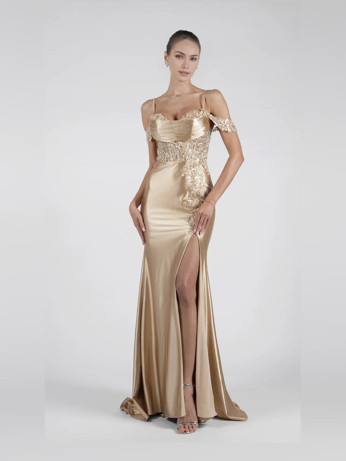 Champagne floor-length prom dress, alternate view showing the bodice and skirt