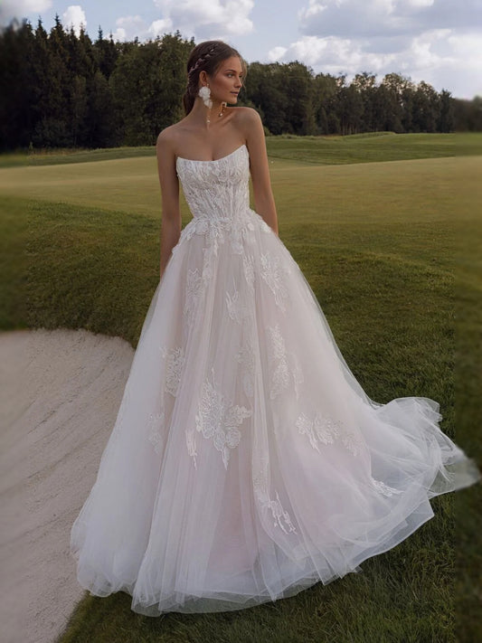 Ivory floor-length wedding dress, alternate view showing the bodice and skirt