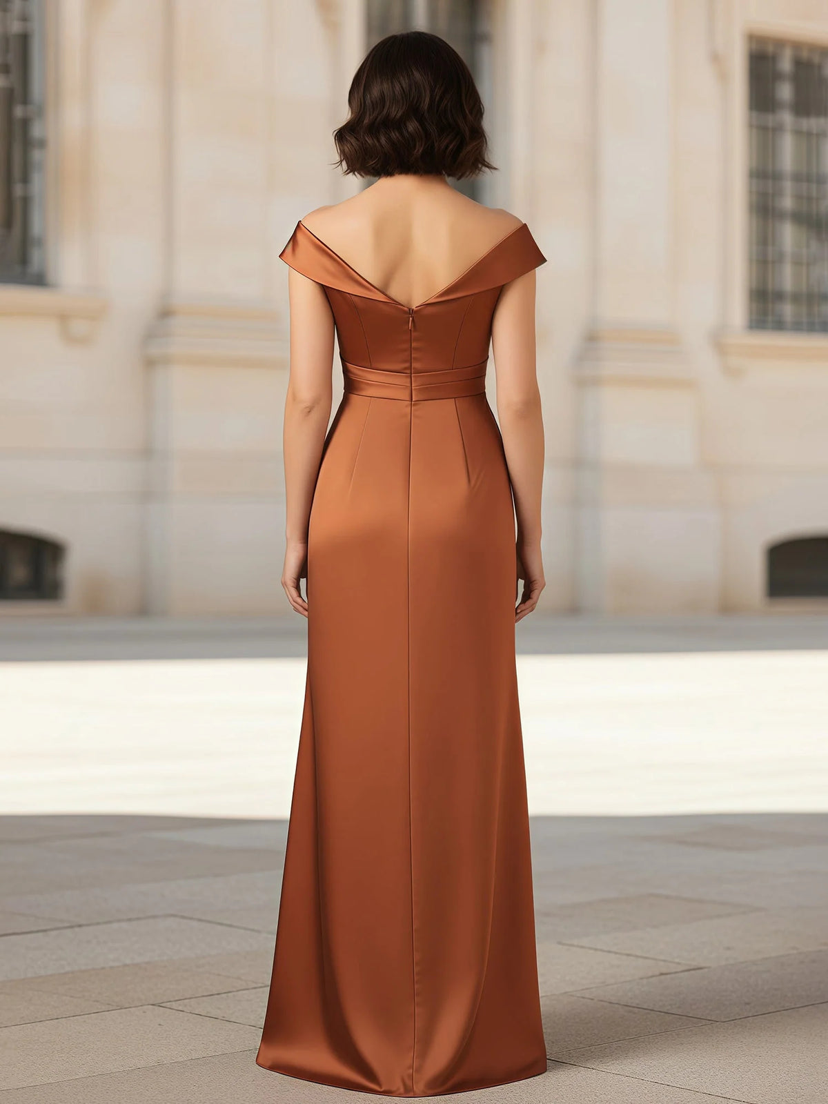 Rust floor-length mother of the bride dress, alternate view showing the bodice and skirt