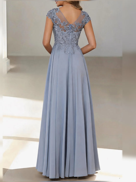 Dusty Blue floor-length mother of the bride dress, alternate view showing the bodice and skirt