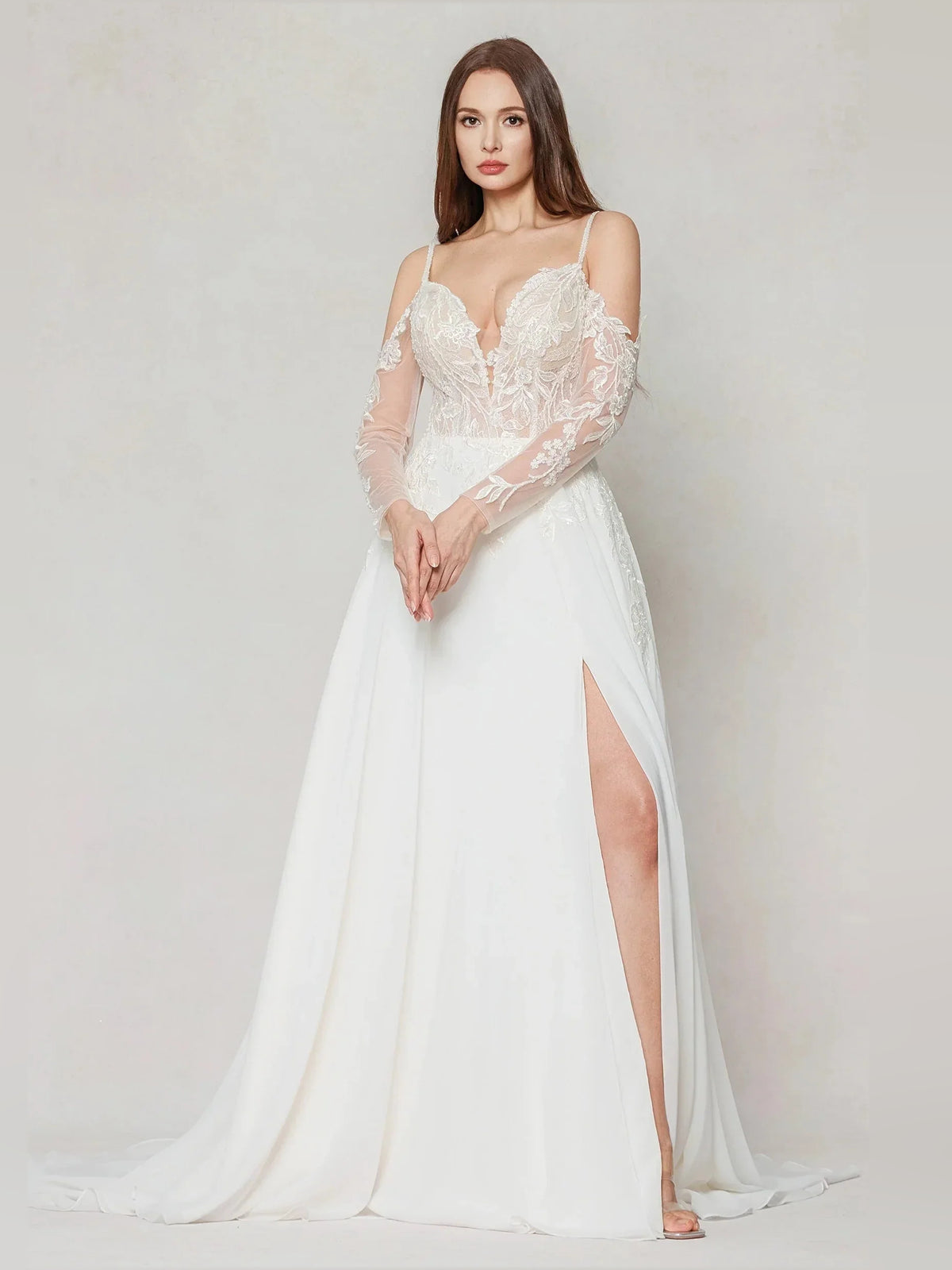 Ivory floor-length wedding dress, alternate view showing the bodice and skirt