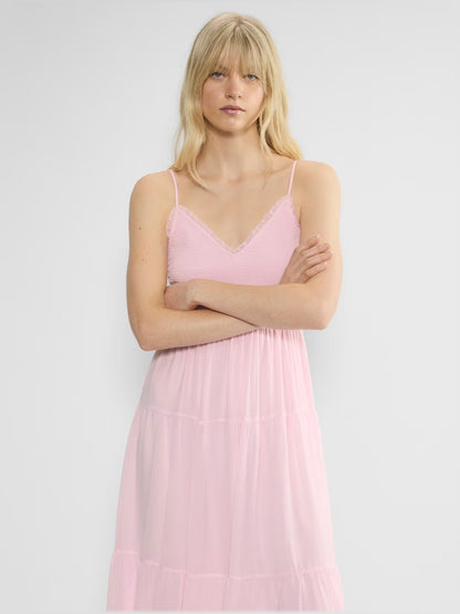 pink midi formal dress with tiered skirt, alternate view