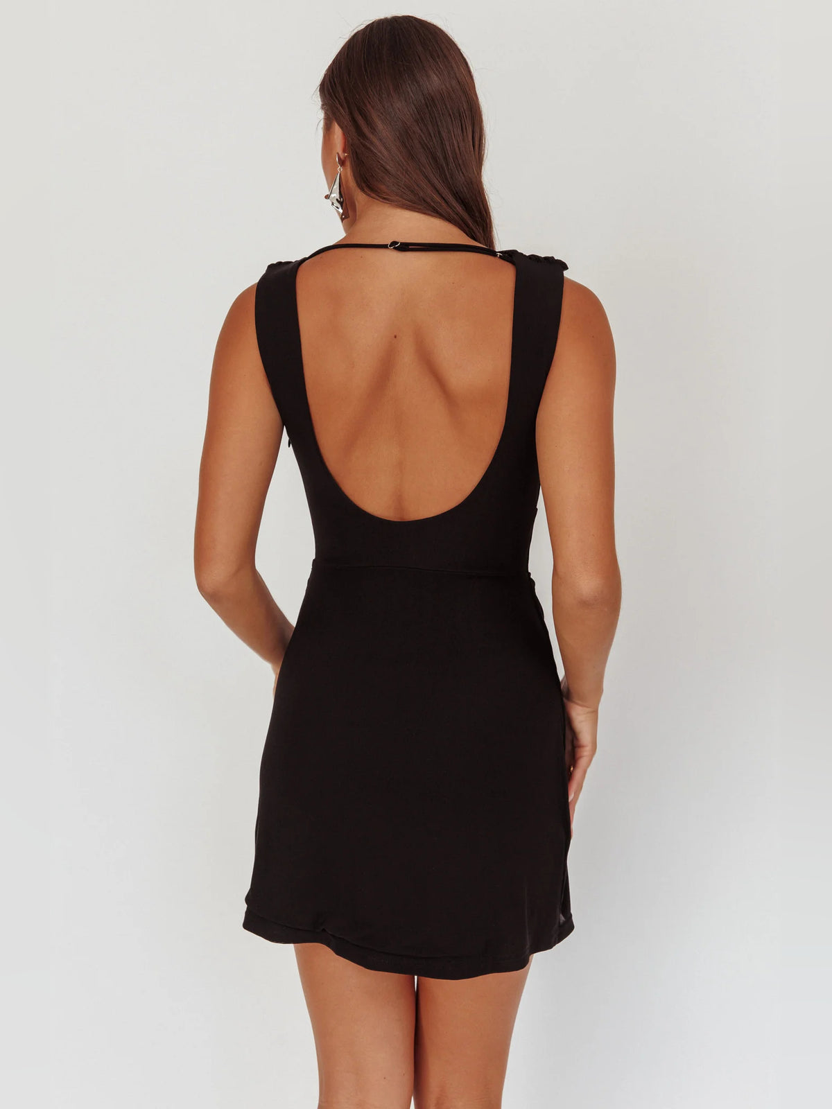 Black mini homecoming dress, alternate view showing the bodice and skirt