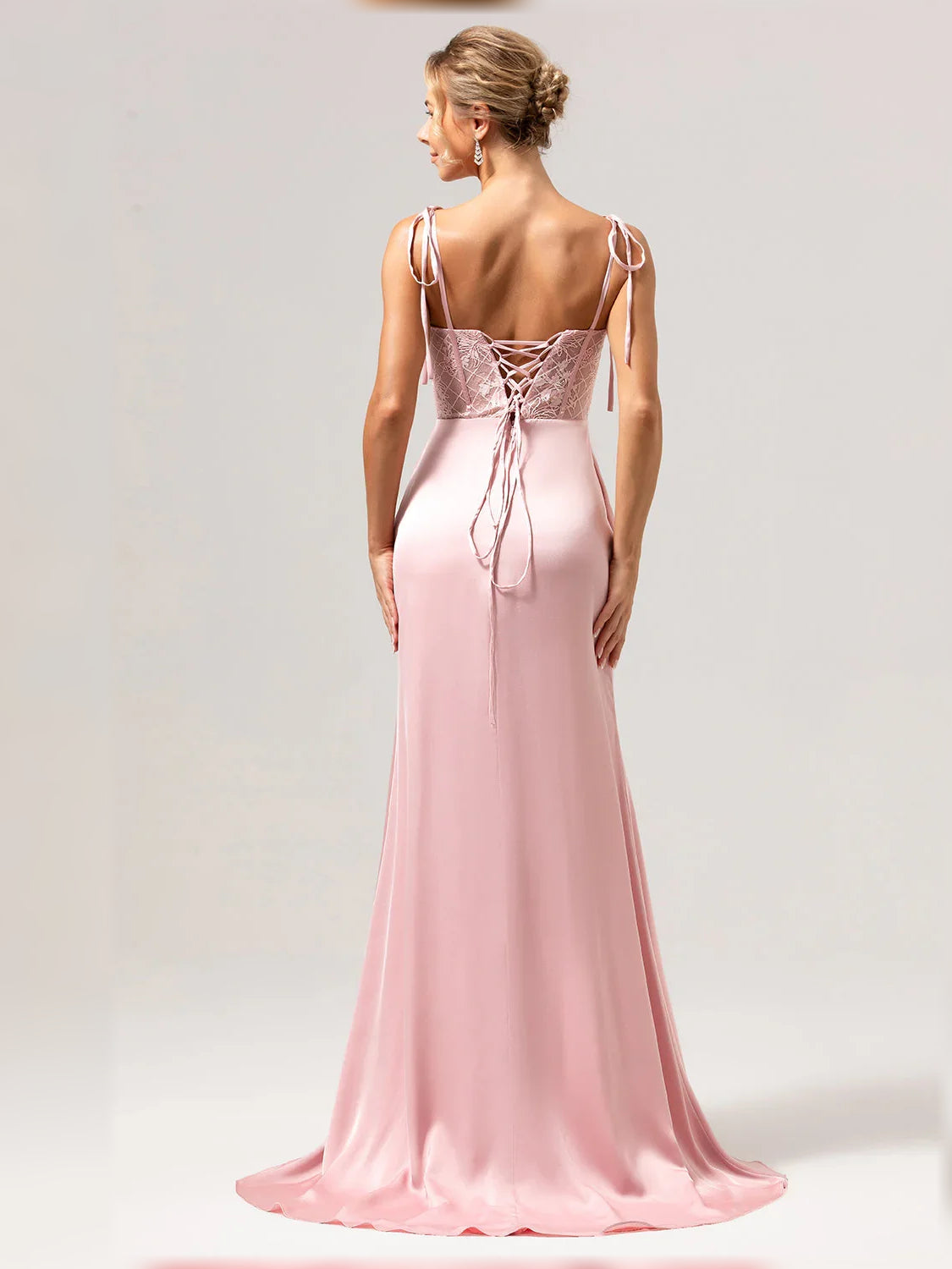 Light Pink sheath floor-length formal dress with corset-style bodice, alternate view