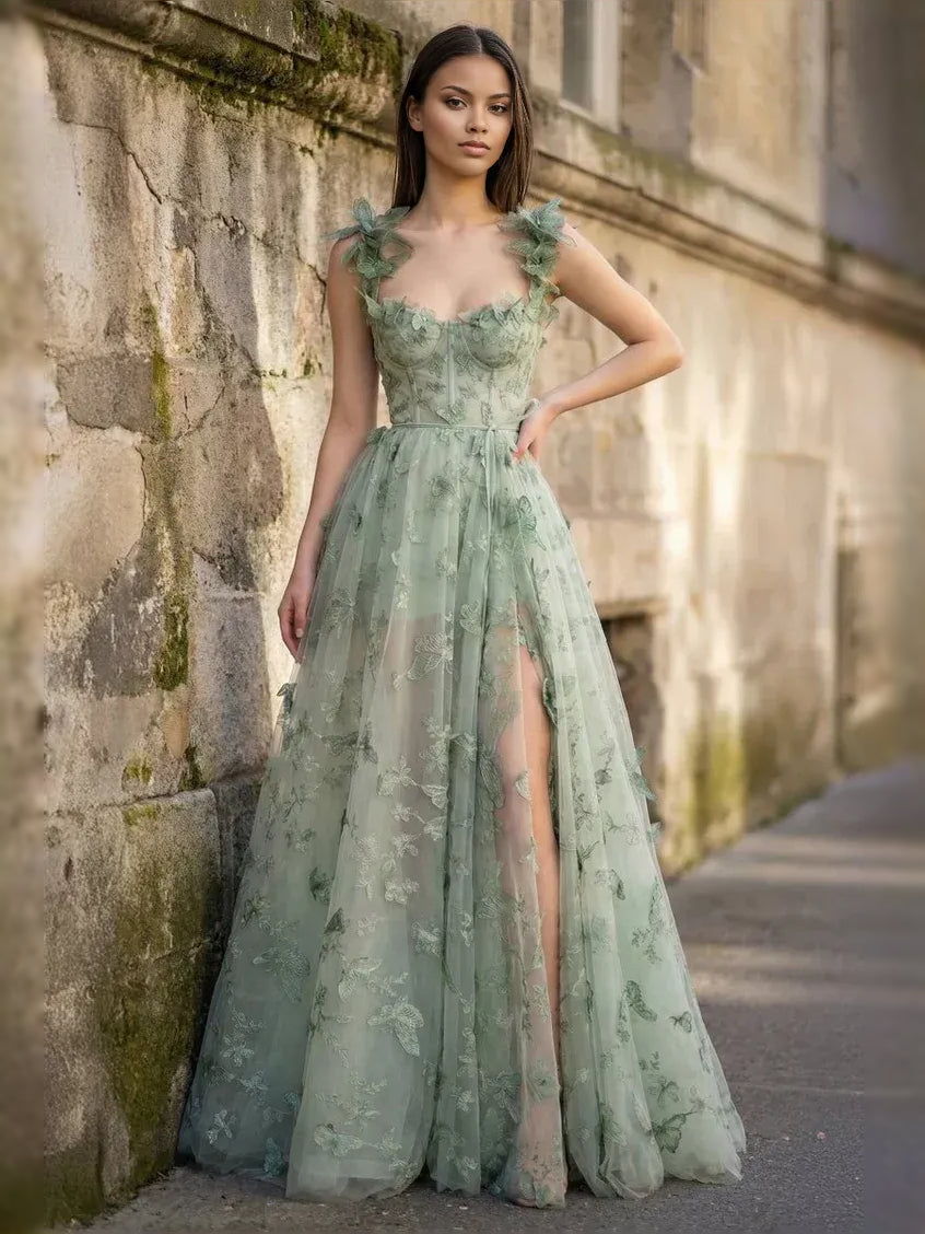 Sage Green floor-length prom dress, alternate view showing the bodice and skirt