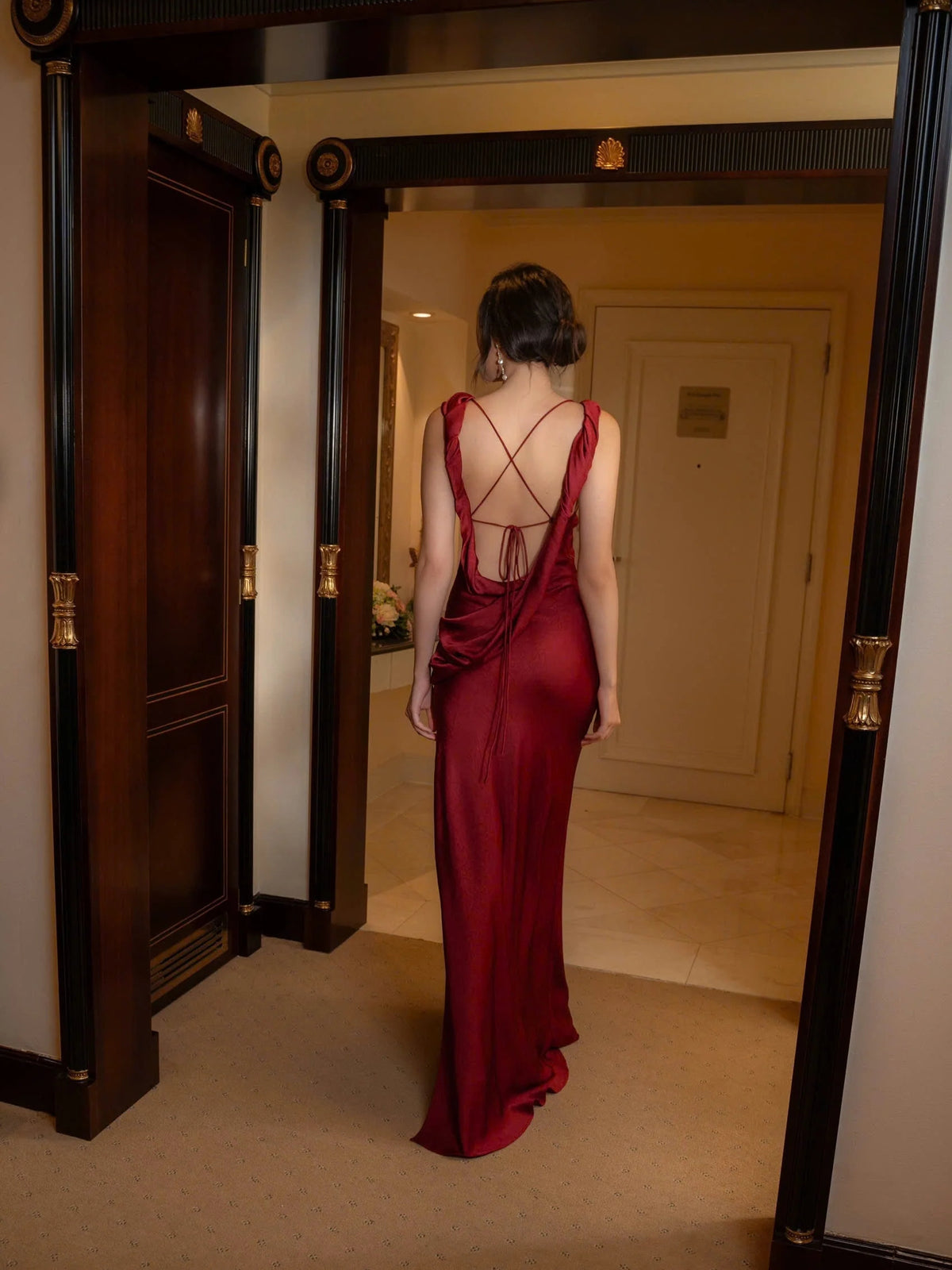 Red maxi prom dress, back view showing the rear of the dress