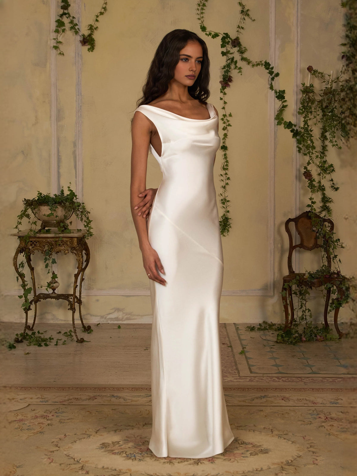 Ivory white maxi prom dress, alternate view showing the bodice and skirt