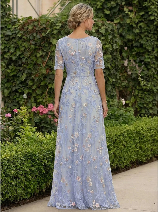 Blue floor-length mother of the bride dress, alternate view showing the bodice and skirt