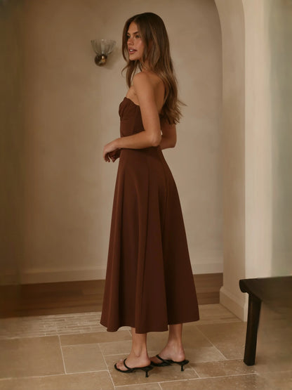 Chocolate midi formal dress with strapless neckline, alternate view