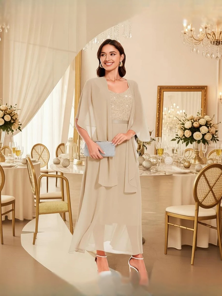 Champagne midi mother of the bride dress, alternate view showing the bodice and skirt