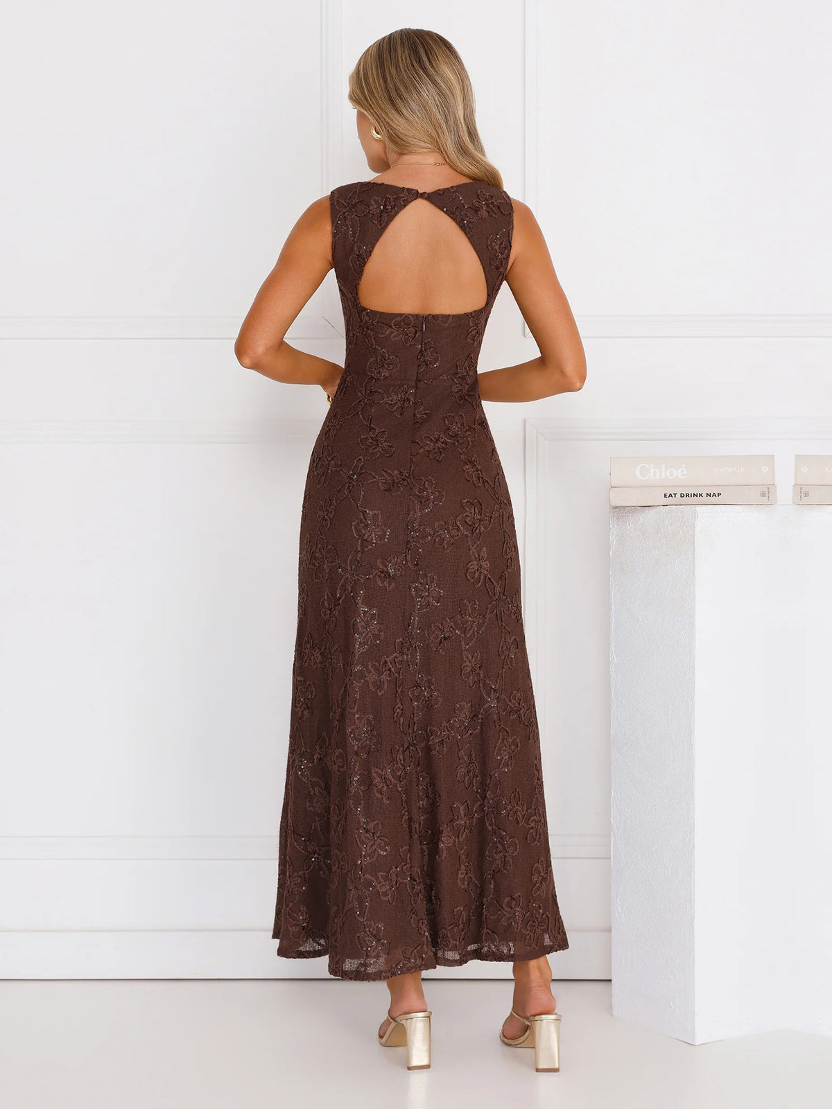 Brown a-line maxi formal dress with a-line, full-length back view