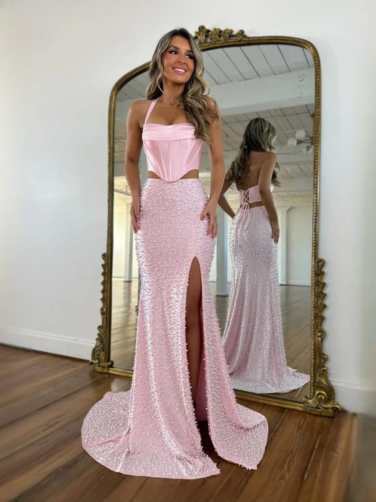 Blush Pink floor-length prom dress, alternate view showing the bodice and skirt
