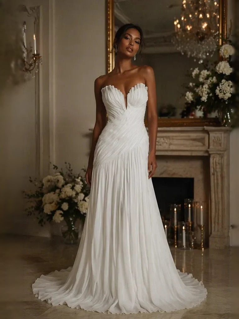 Ivory floor-length wedding dress, alternate view showing the bodice and skirt