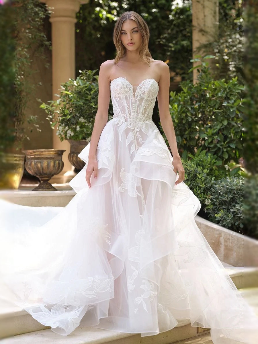 Ivory floor-length wedding dress, alternate view showing the bodice and skirt