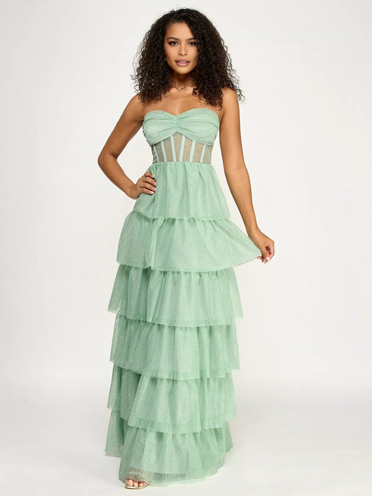 Dusty Sage maxi prom dress, alternate view showing the bodice and skirt