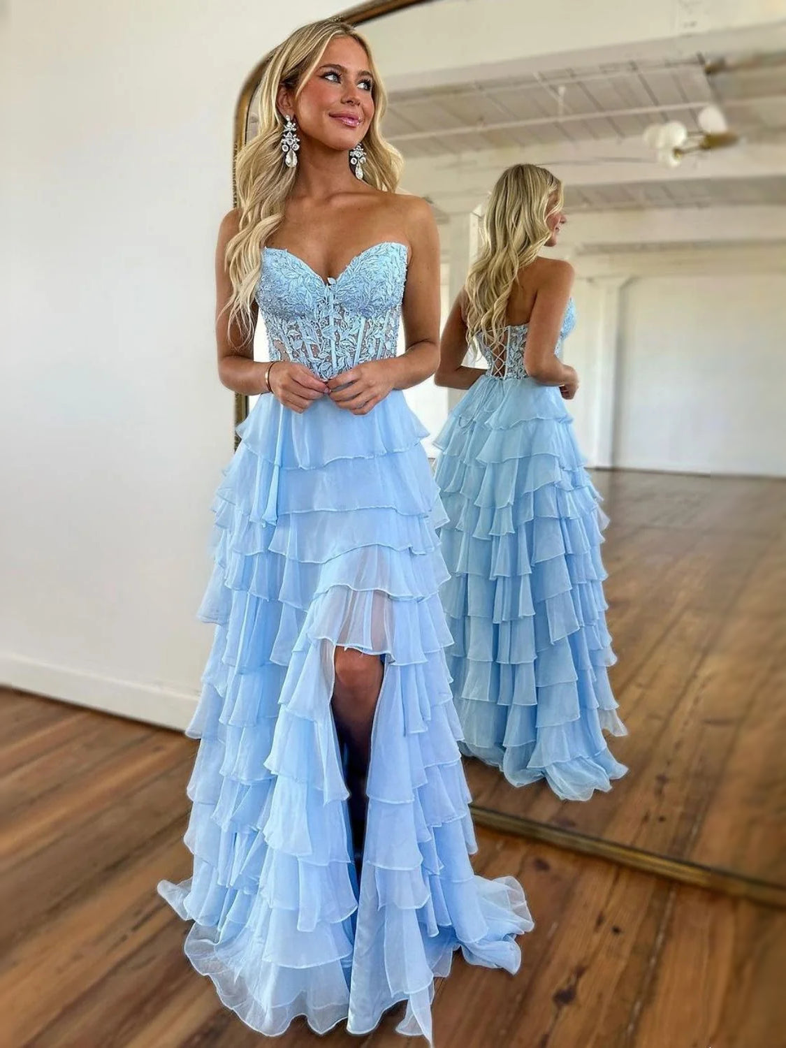 Light Blue maxi prom dress, alternate view showing the bodice and skirt