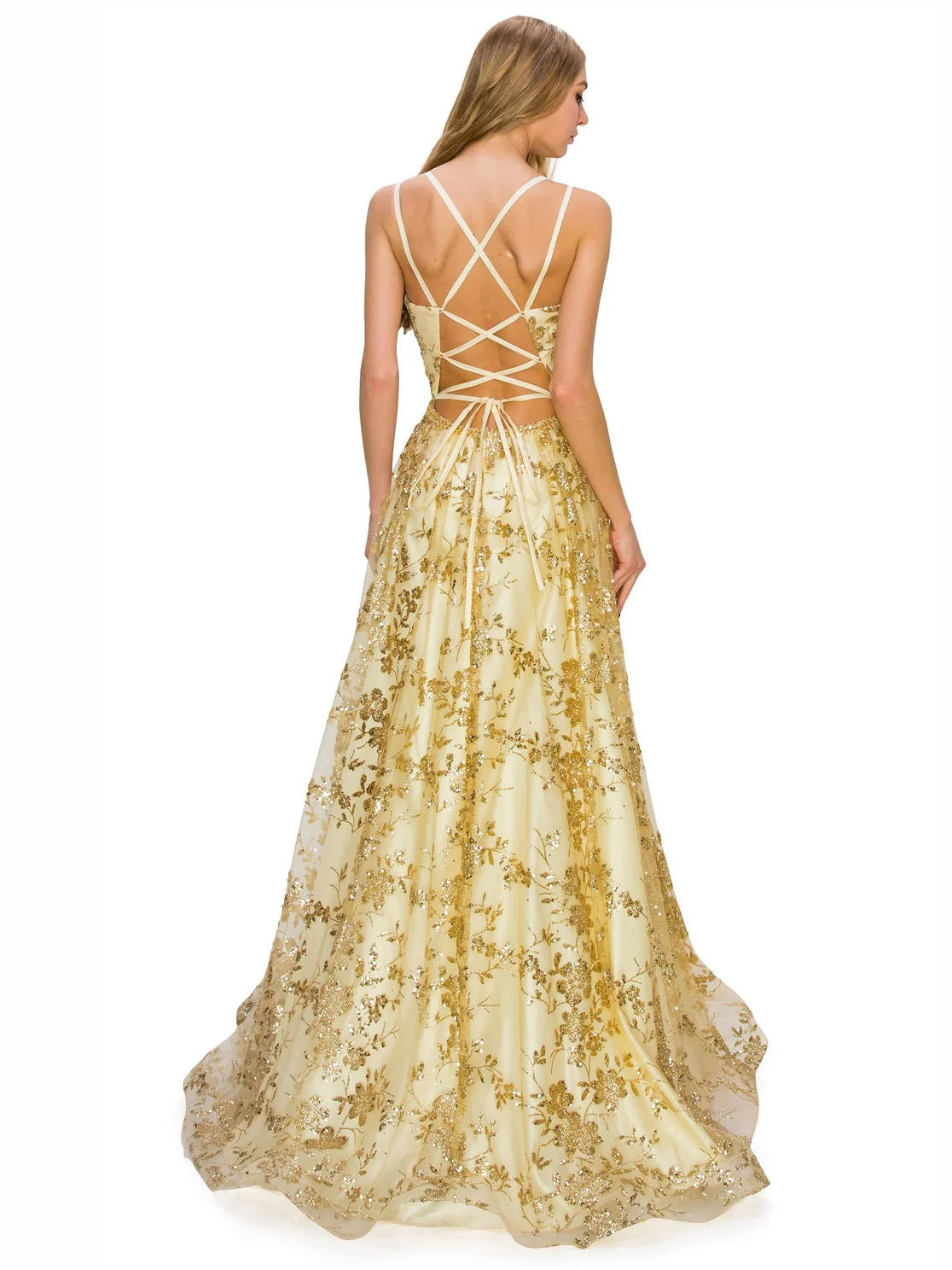 Gold floor-length prom dress, alternate view showing the bodice and skirt