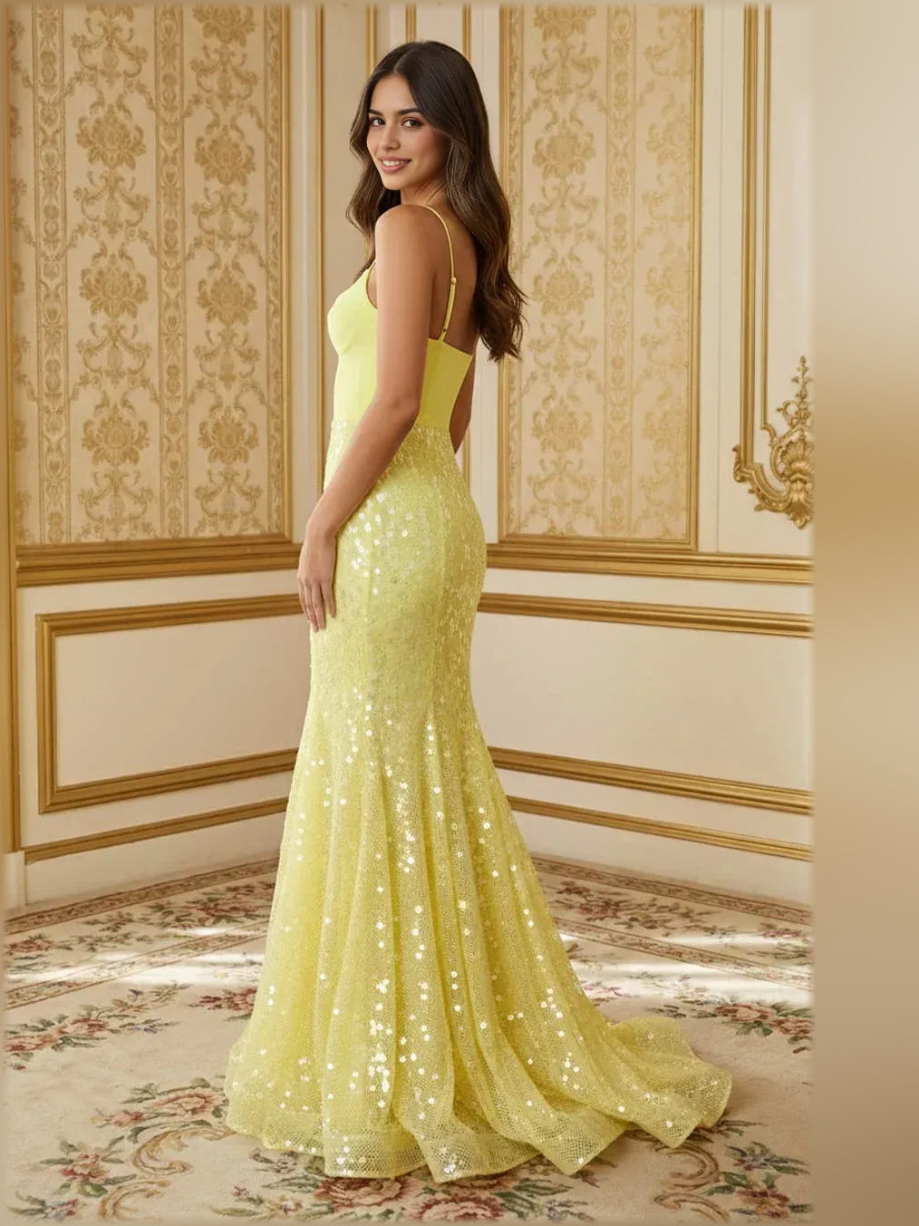 Yellow mermaid floor-length formal dress with beading, alternate view