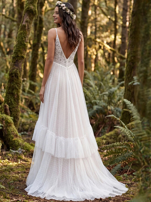 Ivory floor-length wedding dress, alternate view showing the bodice and skirt