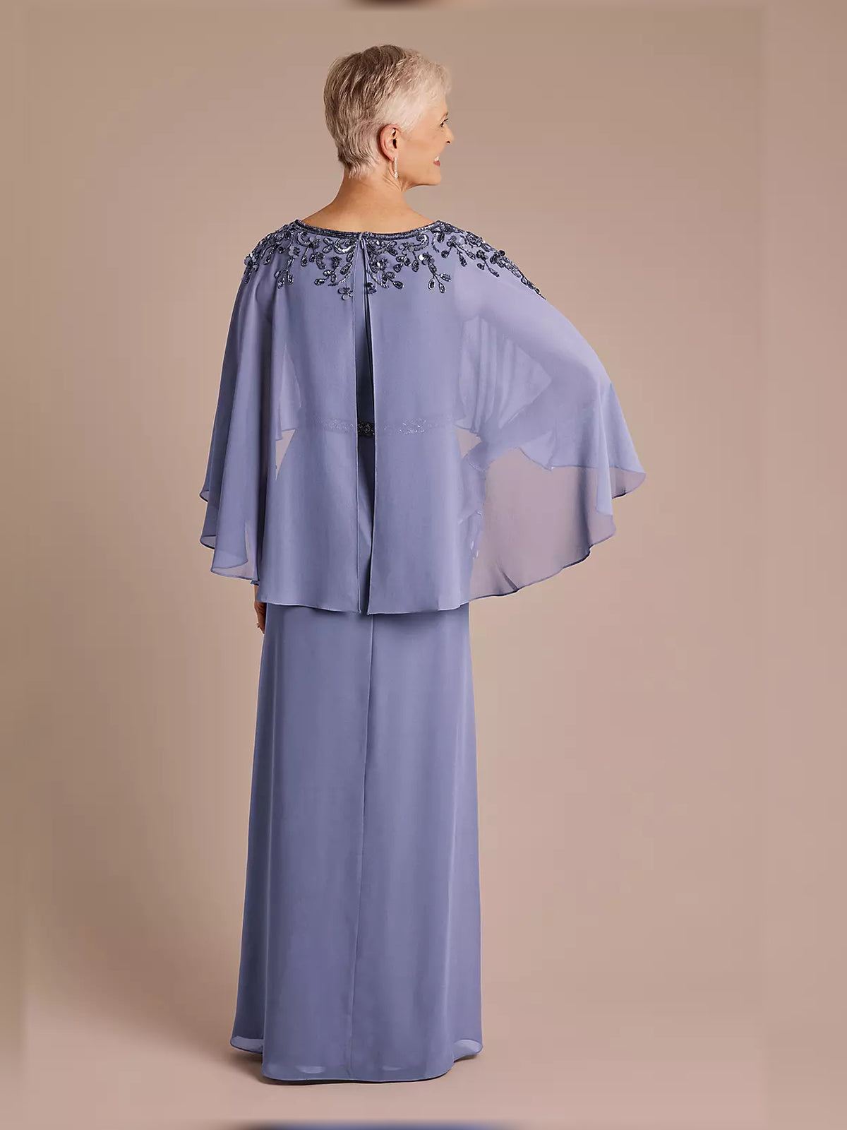 Periwinkle floor-length mother of the bride dress, alternate view showing the bodice and skirt