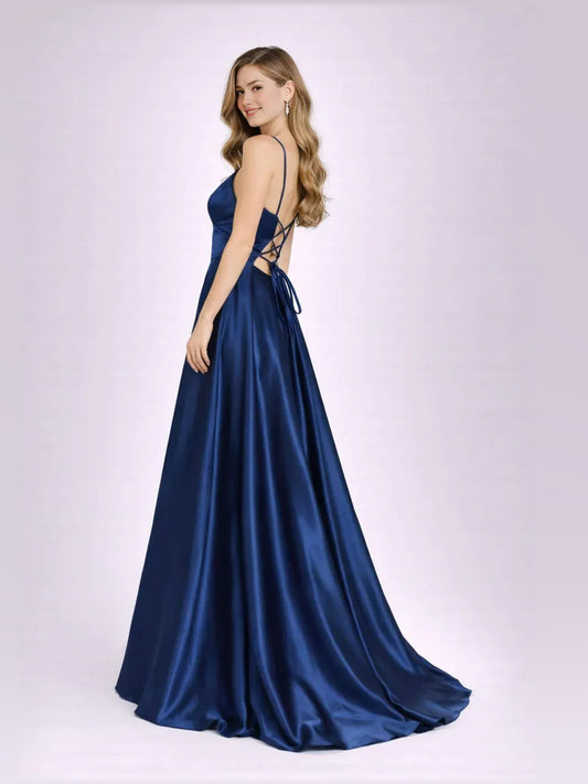 Navy Blue a-line floor-length formal dress with draping, alternate view