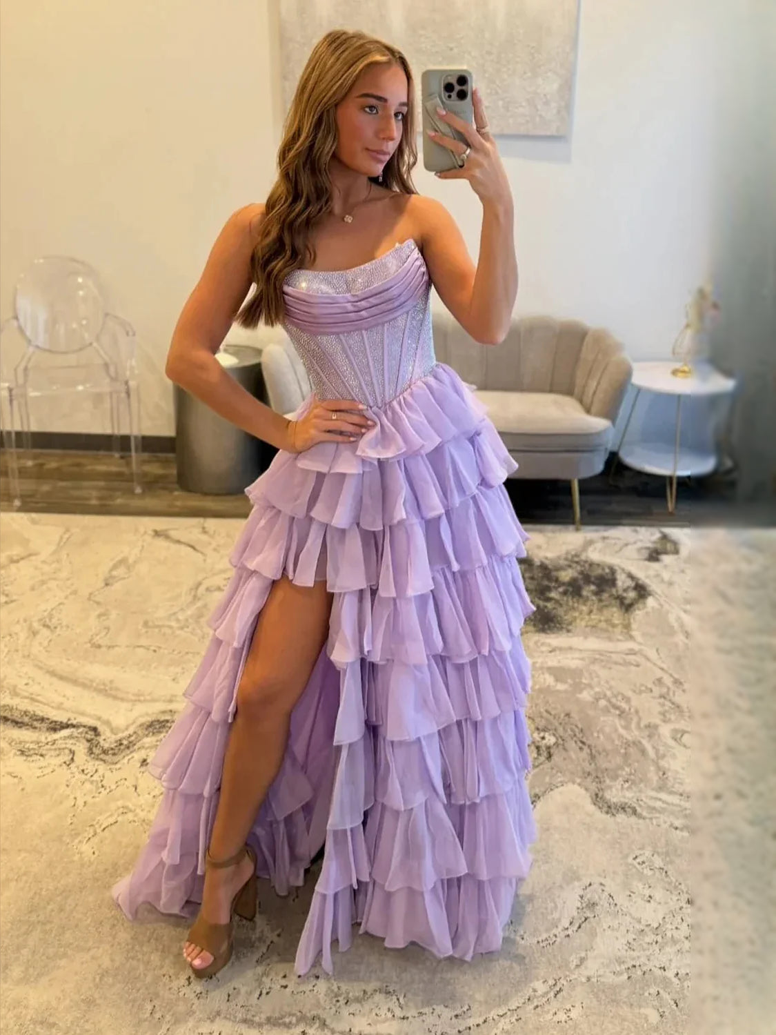 Lilac floor-length prom dress, alternate view showing the bodice and skirt