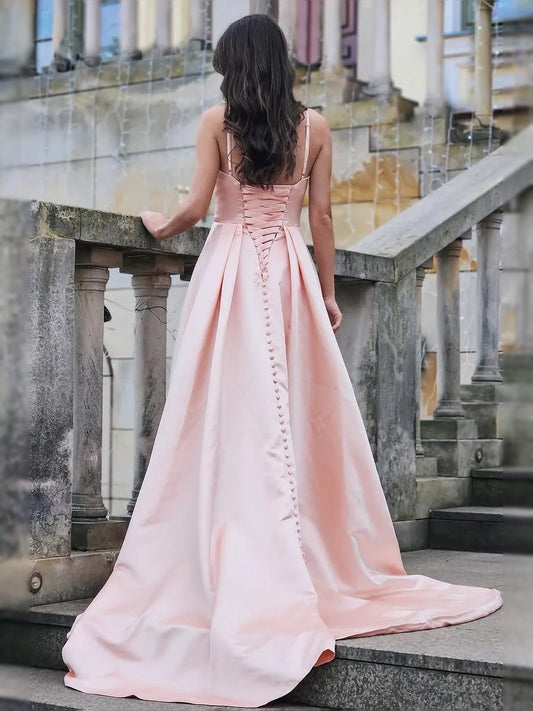 Blush Pink maxi prom dress, alternate view showing the bodice and skirt