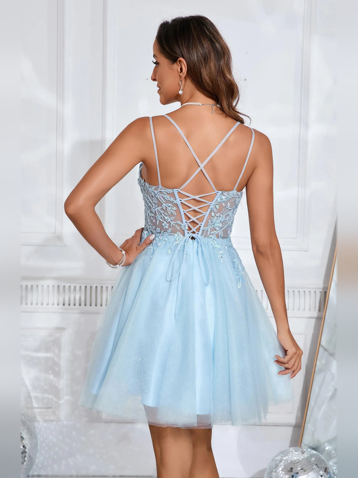 Sky Blue short homecoming dress, back view showing the rear of the dress