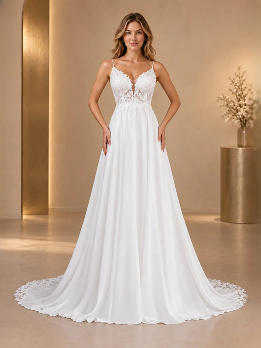 White floor-length wedding dress, alternate view showing the bodice and skirt