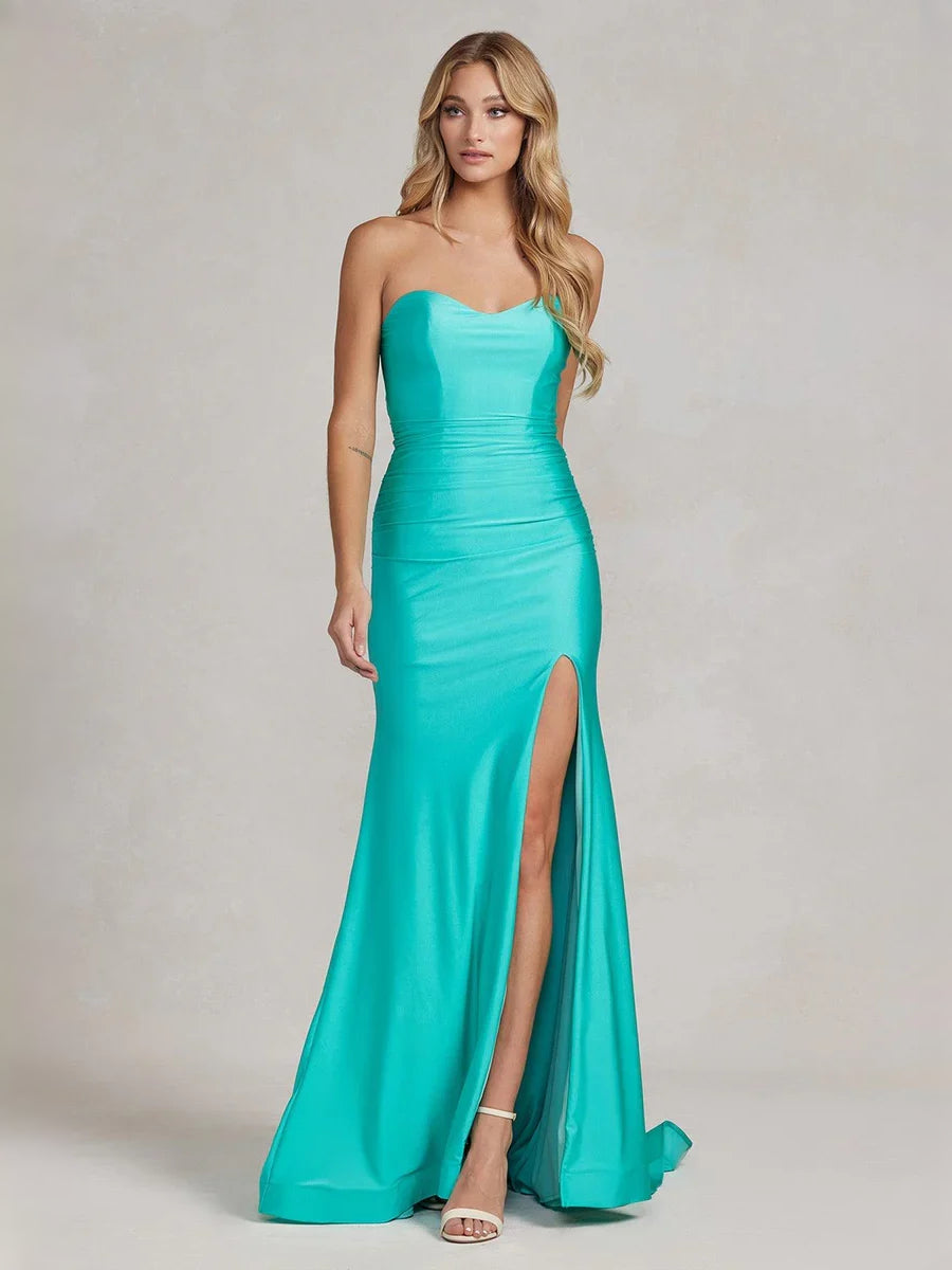Aqua floor-length prom dress, alternate view showing the bodice and skirt