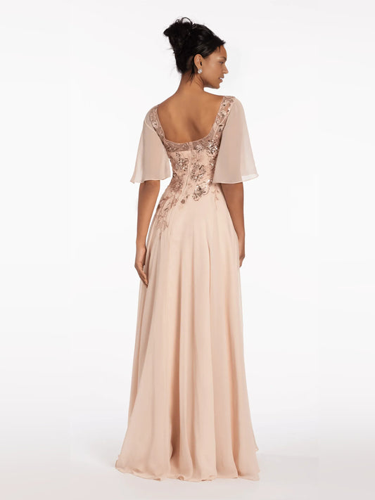 Champagne floor-length mother of the bride dress, alternate view showing the bodice and skirt