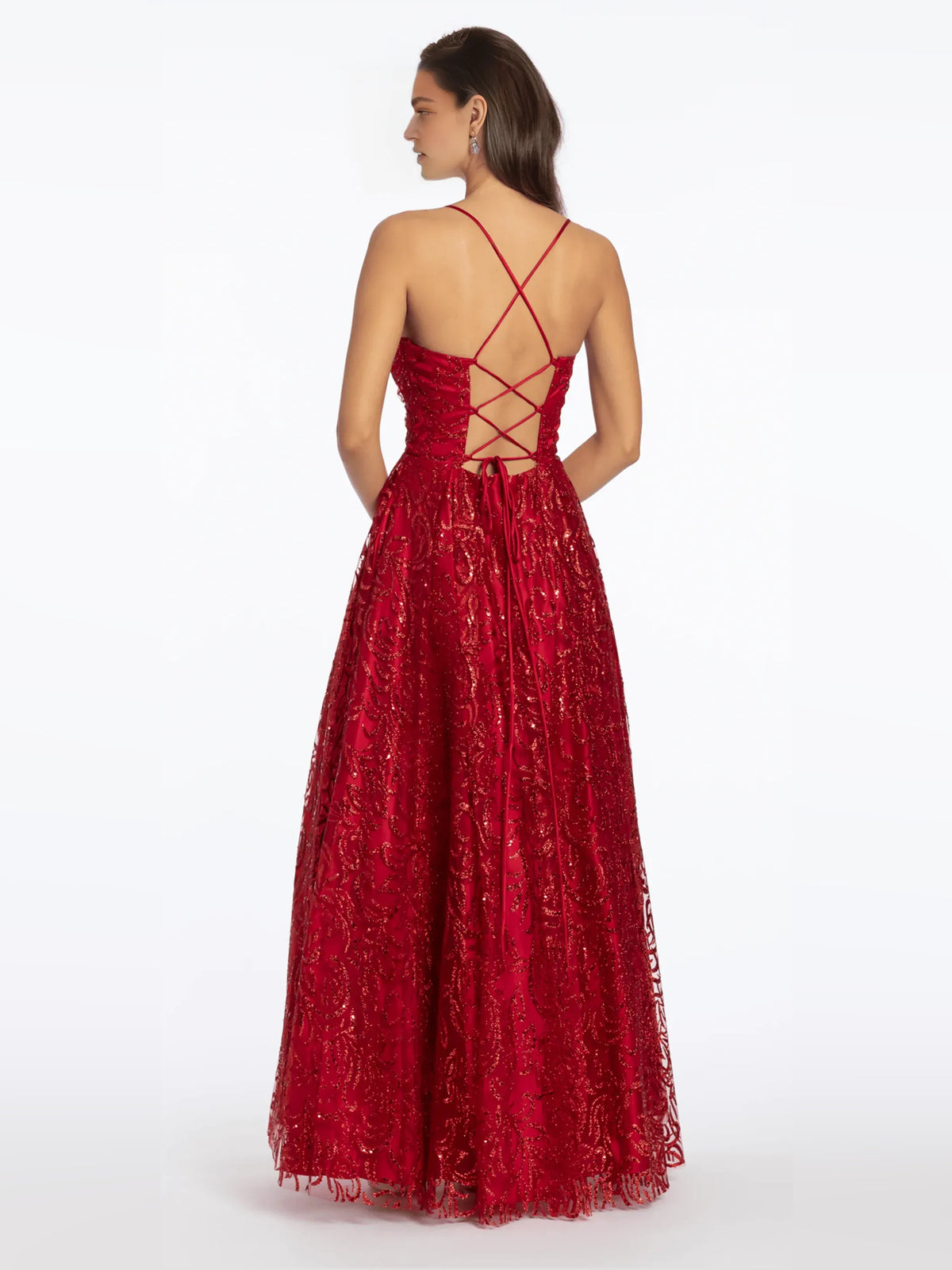 Dusty Rose floor-length prom dress, back view showing the rear of the dress