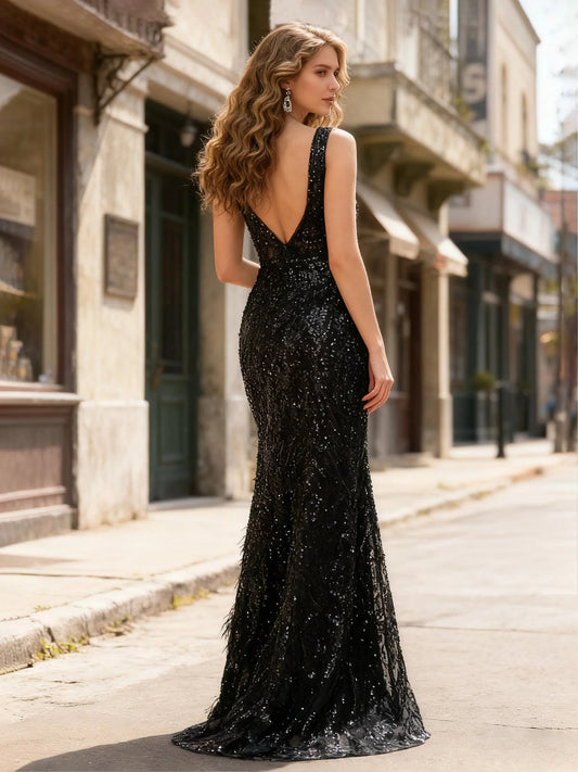 Black mermaid floor-length formal dress with sequins, alternate view