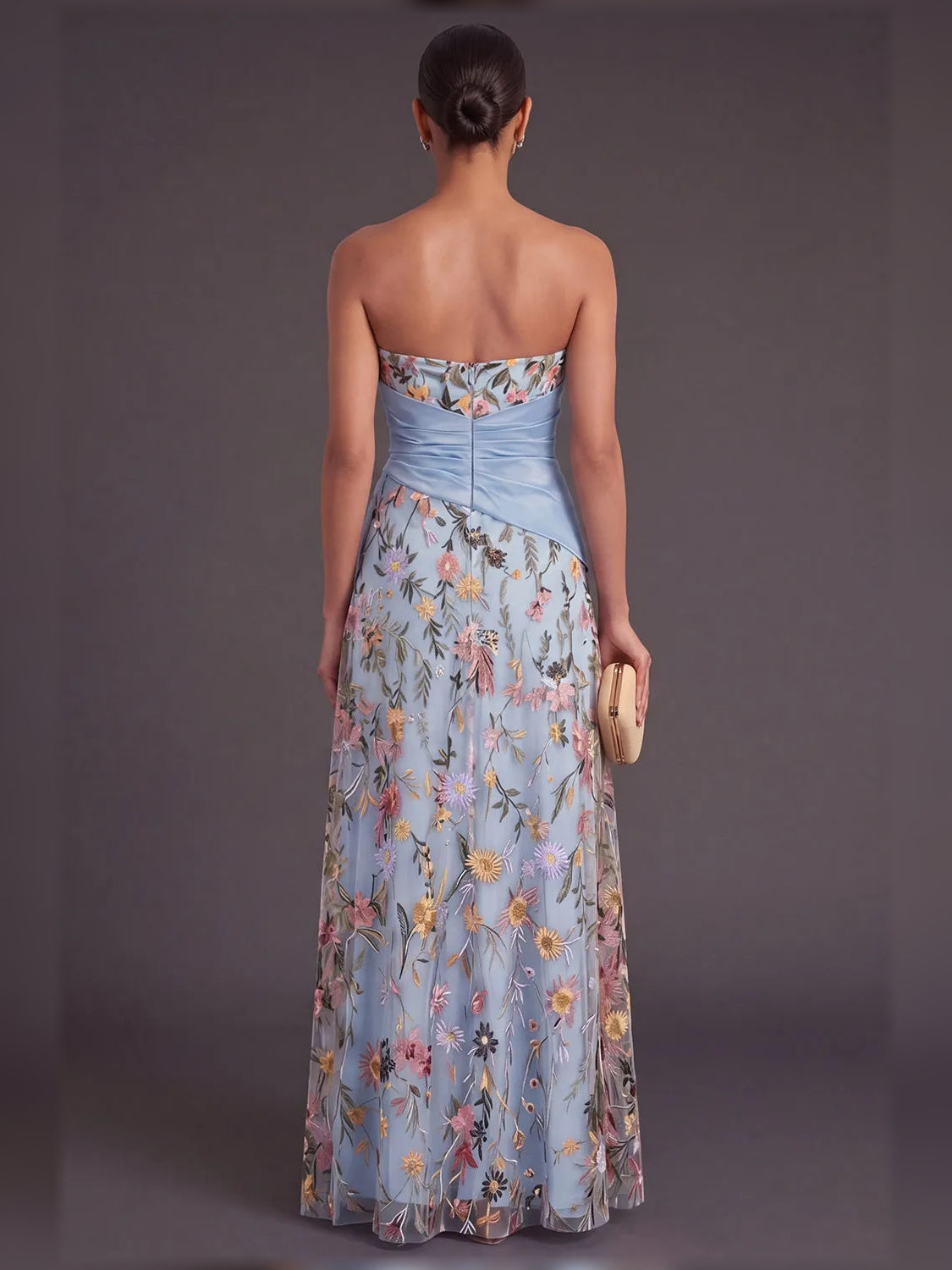 Blue column floor-length formal dress with ruffle details, alternate view